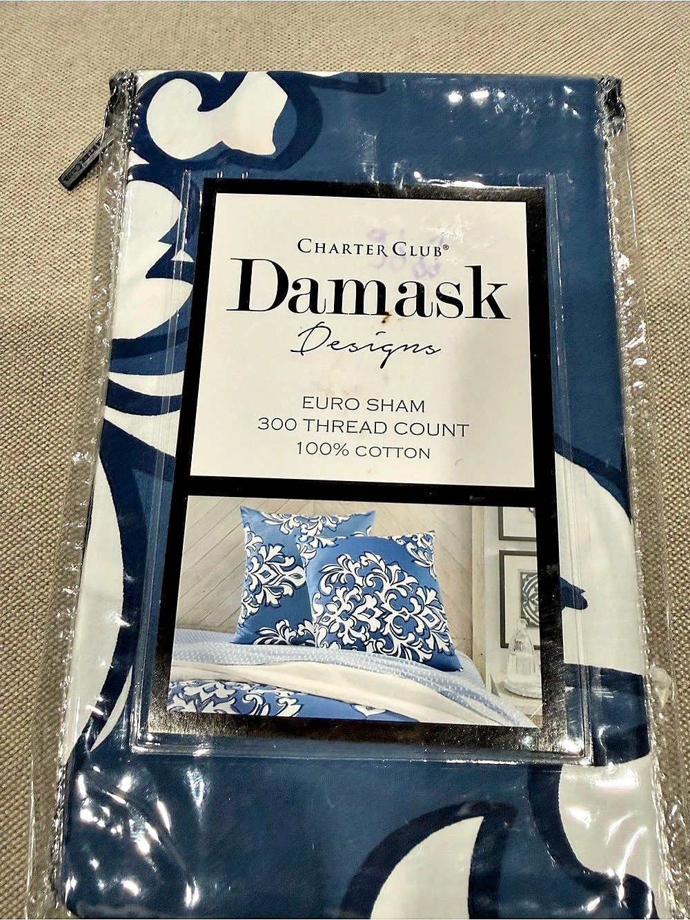 Charter Club Damask Designs Euro Sham Blue & White 100% Cotton NWT